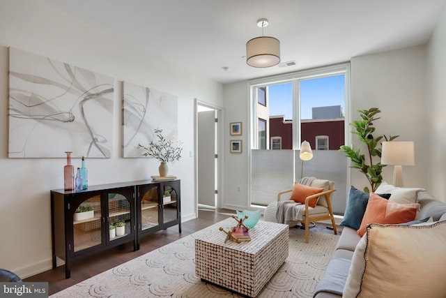 living room with dark wood-type flooring