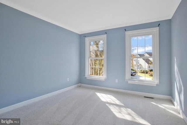 carpeted empty room featuring crown molding and plenty of natural light