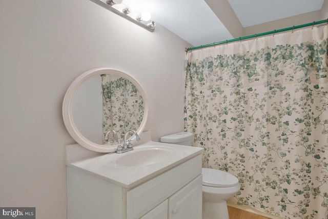 bathroom featuring hardwood / wood-style flooring, vanity, and toilet