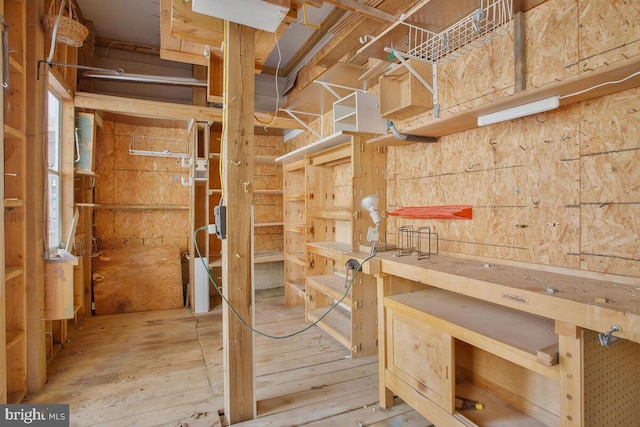 miscellaneous room with a workshop area and hardwood / wood-style flooring