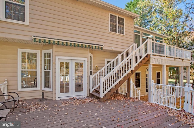 wooden terrace featuring french doors