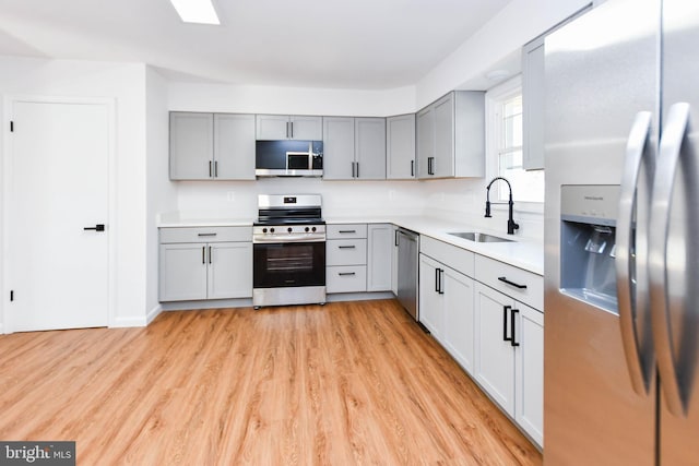 kitchen featuring gray cabinetry, sink, stainless steel appliances, and light hardwood / wood-style floors