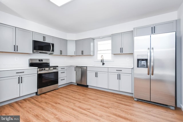 kitchen with gray cabinetry, sink, light hardwood / wood-style floors, and appliances with stainless steel finishes