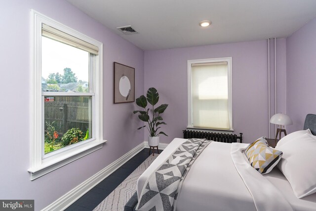 bedroom with radiator and multiple windows