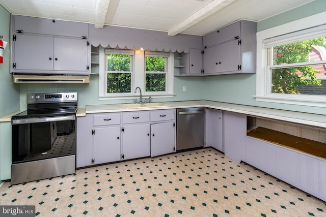 kitchen with gray cabinetry, sink, stainless steel appliances, and range hood