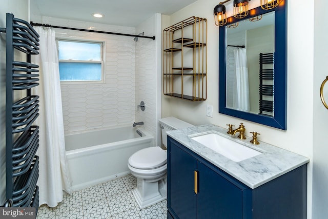 full bathroom featuring shower / tub combo, vanity, toilet, and radiator