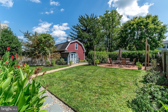 view of yard with a shed and a patio