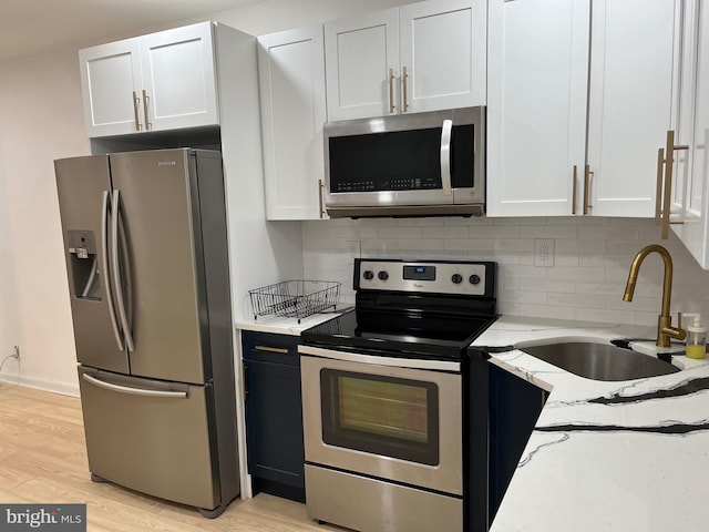 kitchen with white cabinetry, sink, decorative backsplash, appliances with stainless steel finishes, and light wood-type flooring