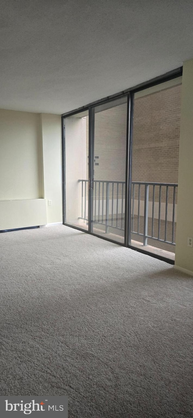 empty room with carpet floors, floor to ceiling windows, and a textured ceiling