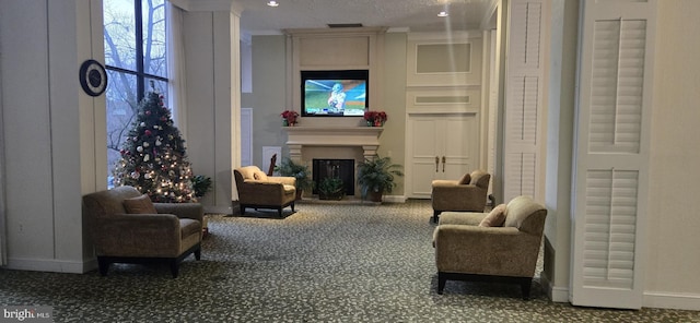 living room featuring carpet and a textured ceiling