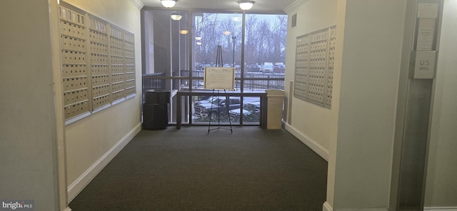 hallway with a wall of windows and crown molding