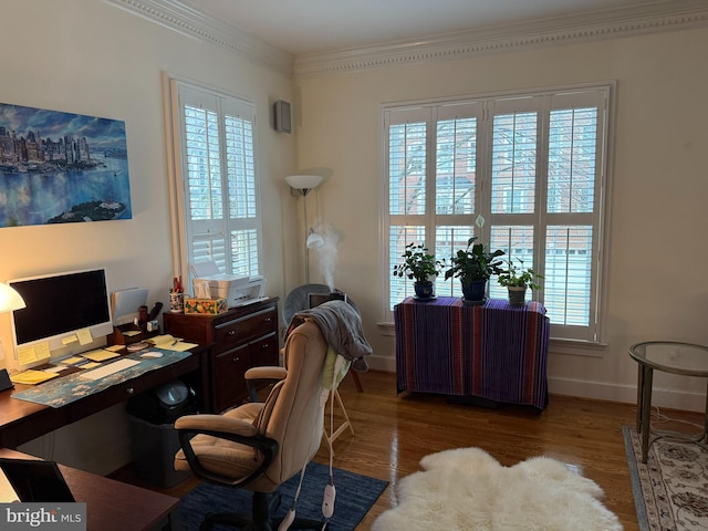 office space featuring plenty of natural light, dark hardwood / wood-style floors, and crown molding