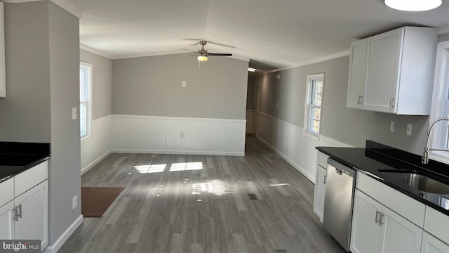 kitchen featuring dark countertops, stainless steel dishwasher, wainscoting, and white cabinetry