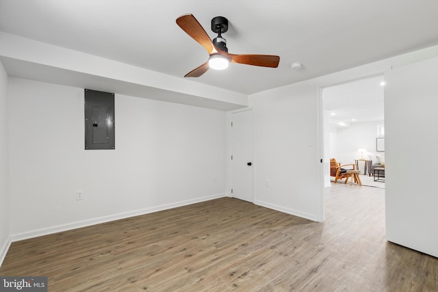 spare room featuring hardwood / wood-style floors, electric panel, and ceiling fan