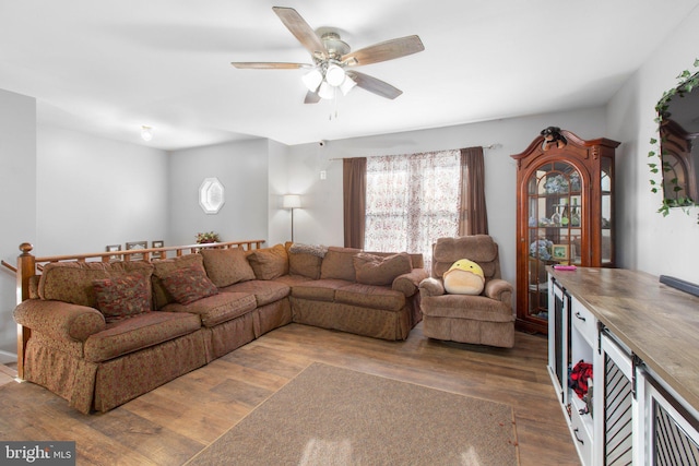 living room with wood-type flooring and ceiling fan