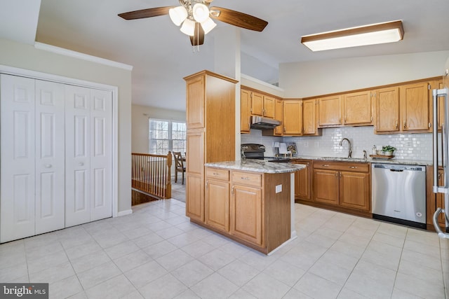 kitchen featuring black range with electric stovetop, sink, stainless steel dishwasher, tasteful backsplash, and light stone counters