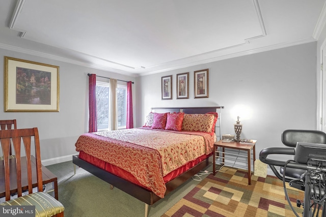 carpeted bedroom with ornamental molding