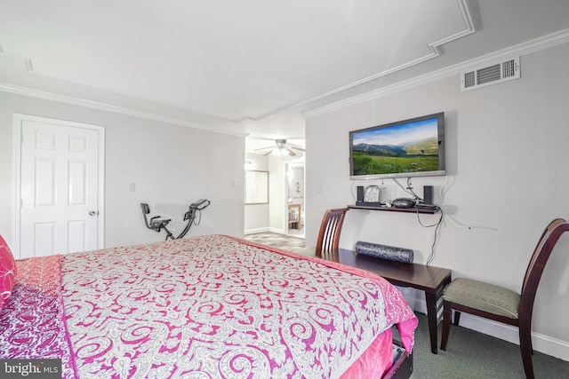 bedroom featuring carpet and ornamental molding