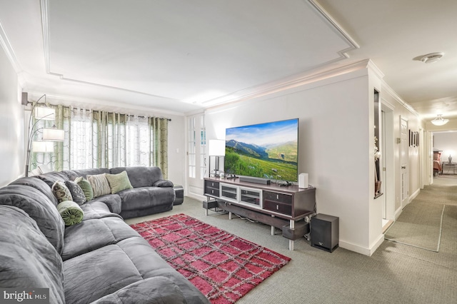 living room featuring crown molding and carpet floors