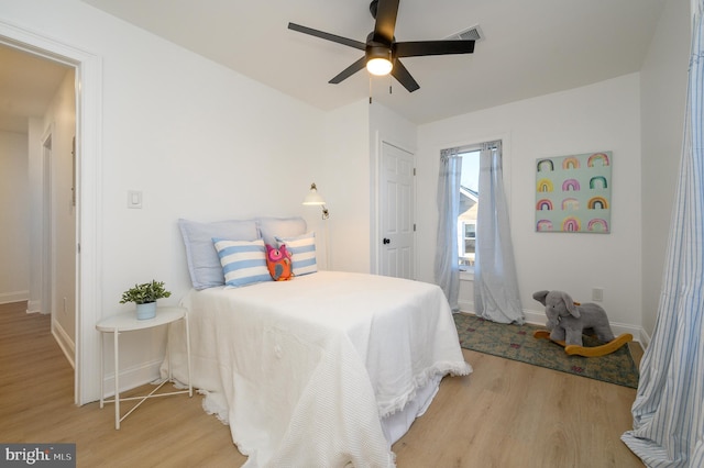 bedroom featuring ceiling fan and wood-type flooring