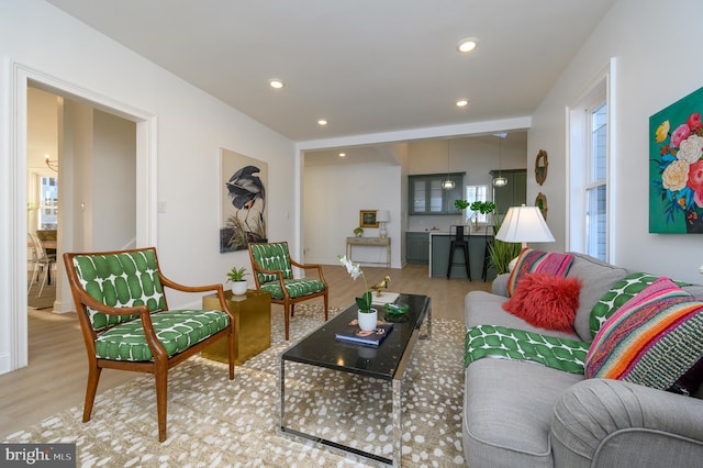 living room with light hardwood / wood-style flooring