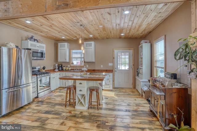 kitchen with stainless steel appliances, white cabinetry, and wood ceiling