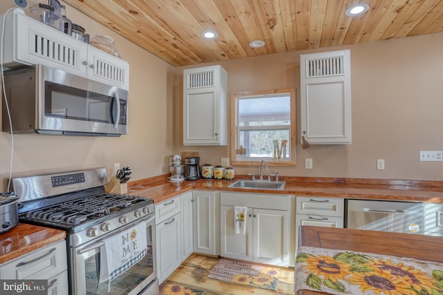 kitchen with sink, wooden ceiling, wooden counters, white cabinets, and appliances with stainless steel finishes