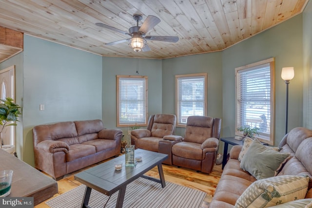 living room with ceiling fan, light hardwood / wood-style floors, and wood ceiling