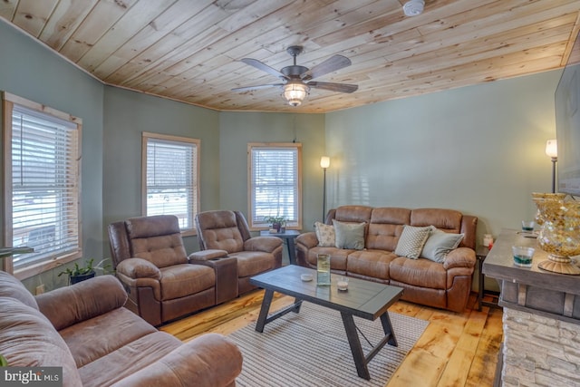 living room featuring light hardwood / wood-style flooring, ceiling fan, and wood ceiling