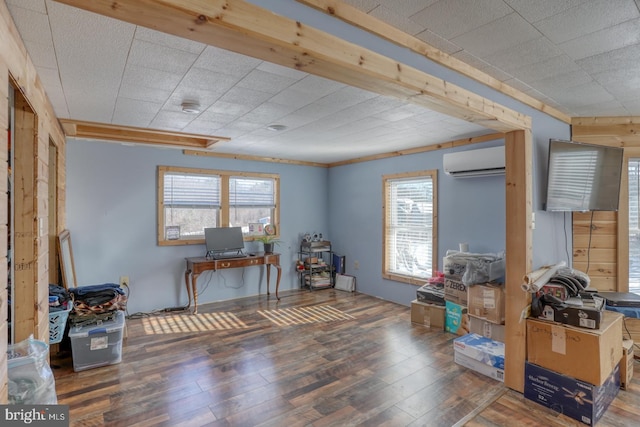 miscellaneous room featuring a wall mounted AC, a healthy amount of sunlight, and dark hardwood / wood-style floors