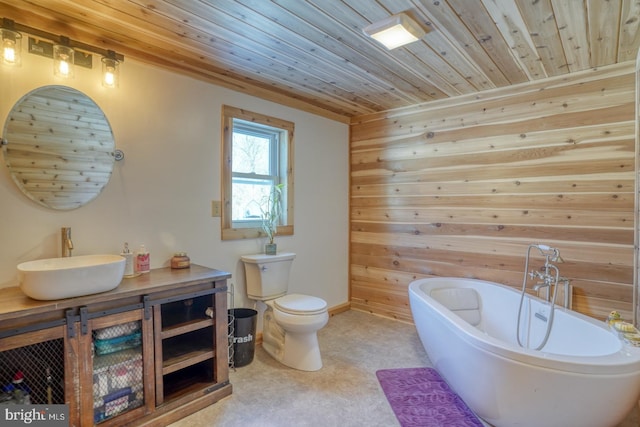 bathroom with a bathtub, toilet, wood ceiling, and wooden walls