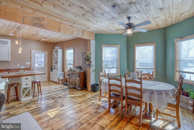 dining room with ceiling fan, light hardwood / wood-style flooring, and wood ceiling