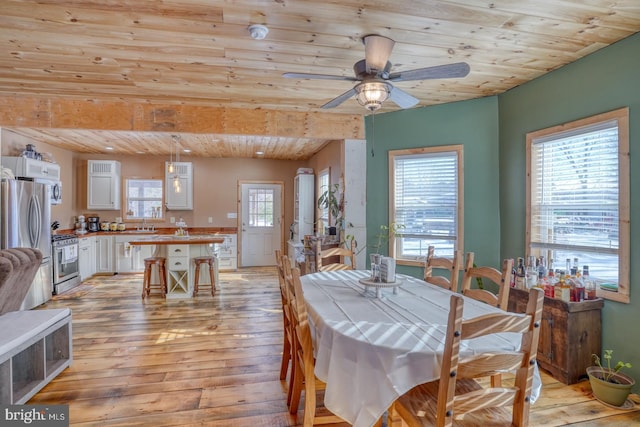 dining room featuring ceiling fan, plenty of natural light, wood ceiling, and light wood-type flooring