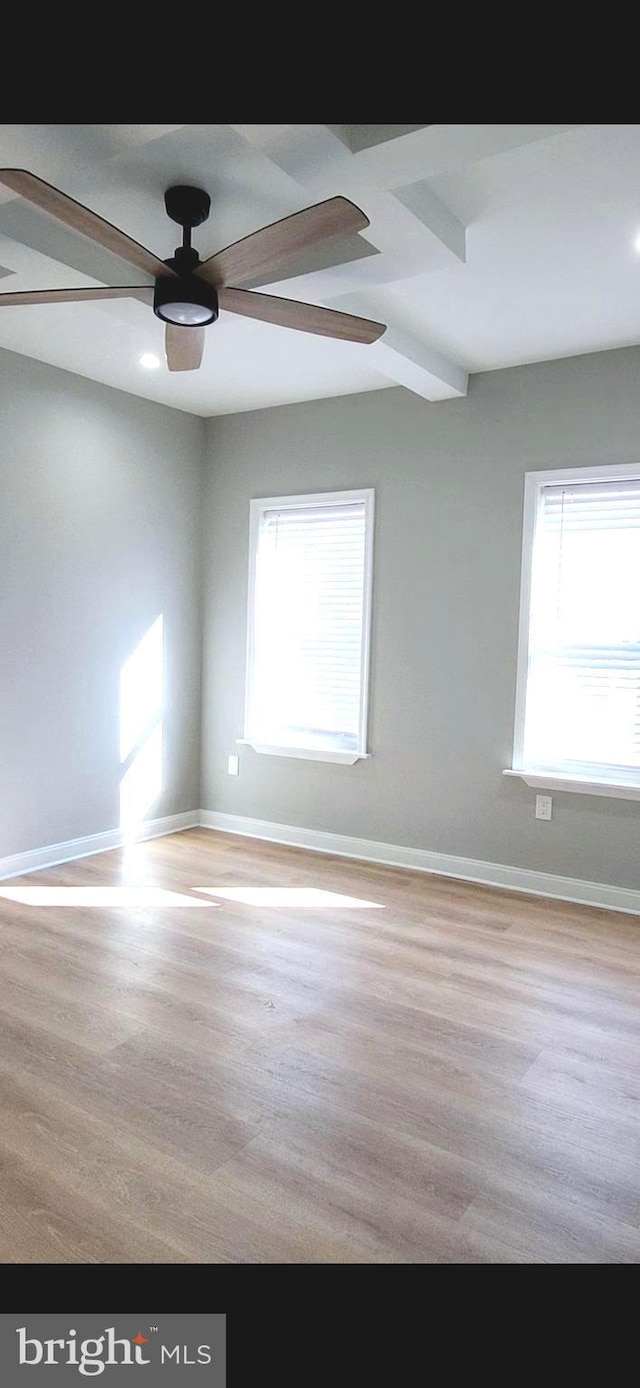 unfurnished room featuring a healthy amount of sunlight, ceiling fan, baseboards, and wood finished floors