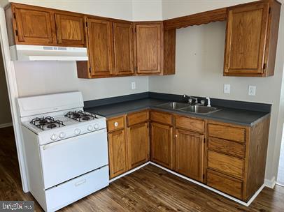 kitchen featuring dark hardwood / wood-style floors, gas range gas stove, and sink