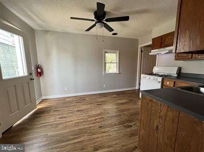 kitchen featuring ceiling fan, white gas stove, dark wood-type flooring, and a textured ceiling