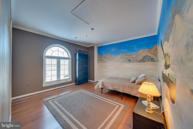 bedroom with hardwood / wood-style flooring and ornamental molding