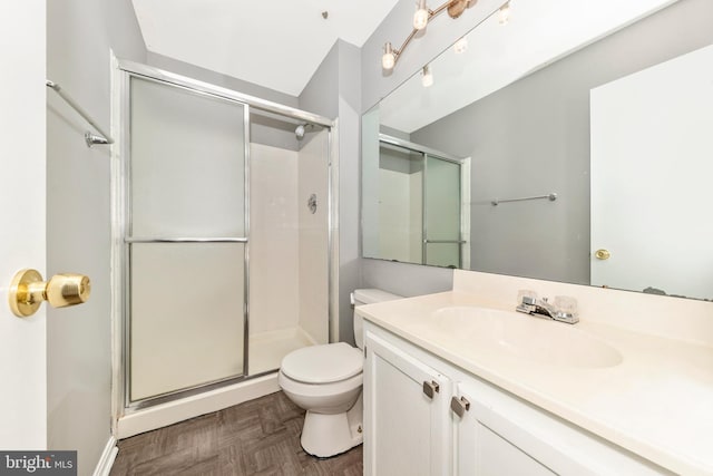 bathroom with vanity, toilet, parquet flooring, and a shower with door