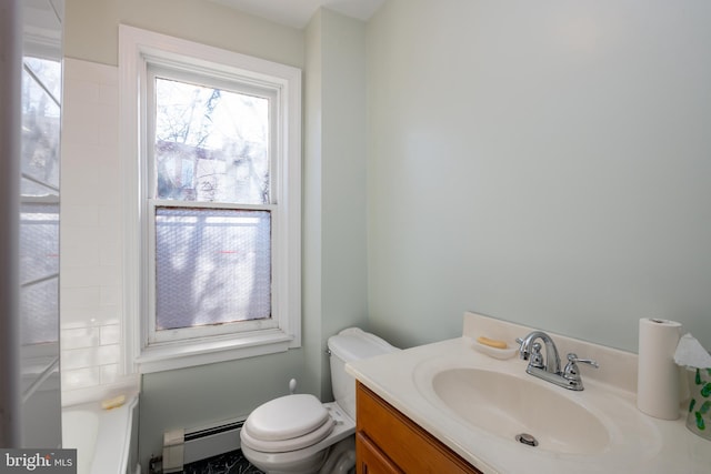 bathroom with baseboard heating, a bath, vanity, and toilet