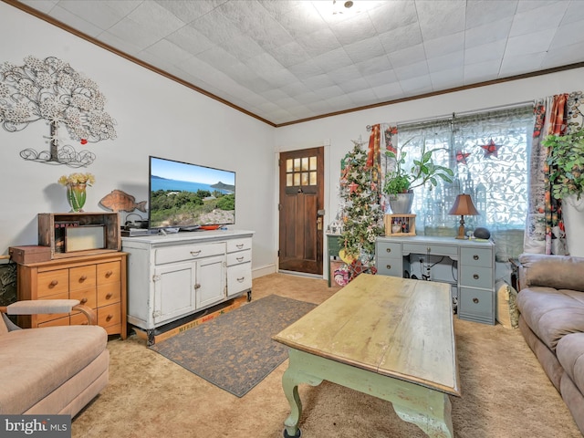 carpeted living room featuring ornamental molding