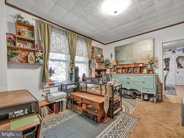 miscellaneous room featuring carpet floors and ornamental molding