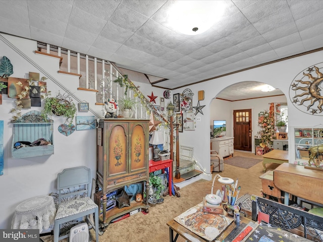 carpeted dining room featuring crown molding