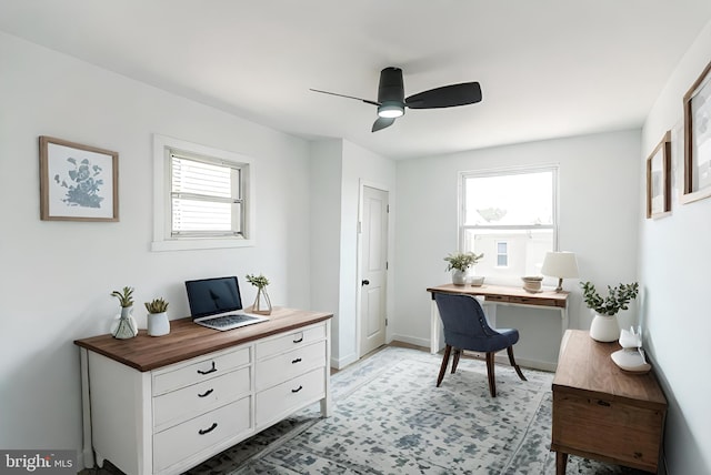 office area featuring plenty of natural light and ceiling fan