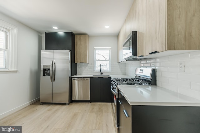 kitchen featuring decorative backsplash, plenty of natural light, stainless steel appliances, and light wood-type flooring