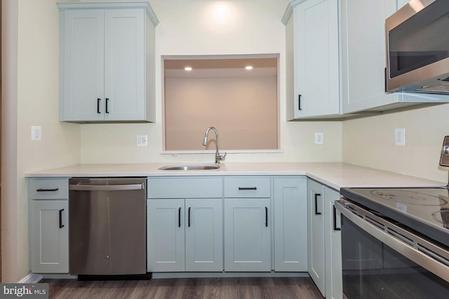 kitchen with sink, stainless steel appliances, and dark hardwood / wood-style floors