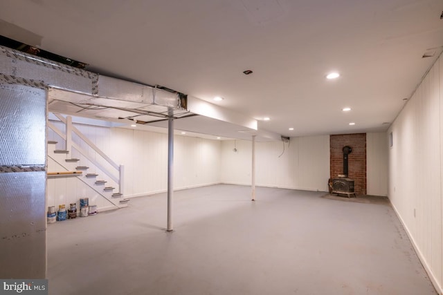 basement with a wood stove