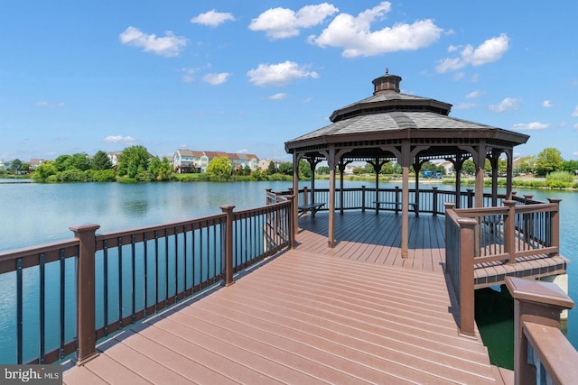 dock area featuring a water view and a gazebo