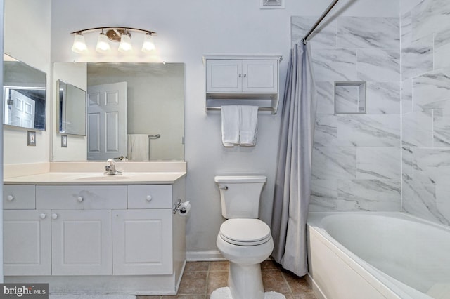 full bathroom with vanity, toilet, and shower / bath combination with curtain