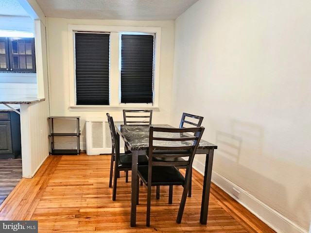 dining area with radiator, light hardwood / wood-style flooring, and a textured ceiling