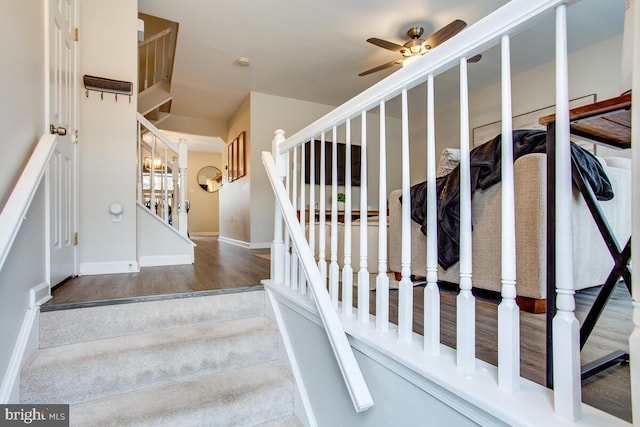 stairway with ceiling fan and wood-type flooring